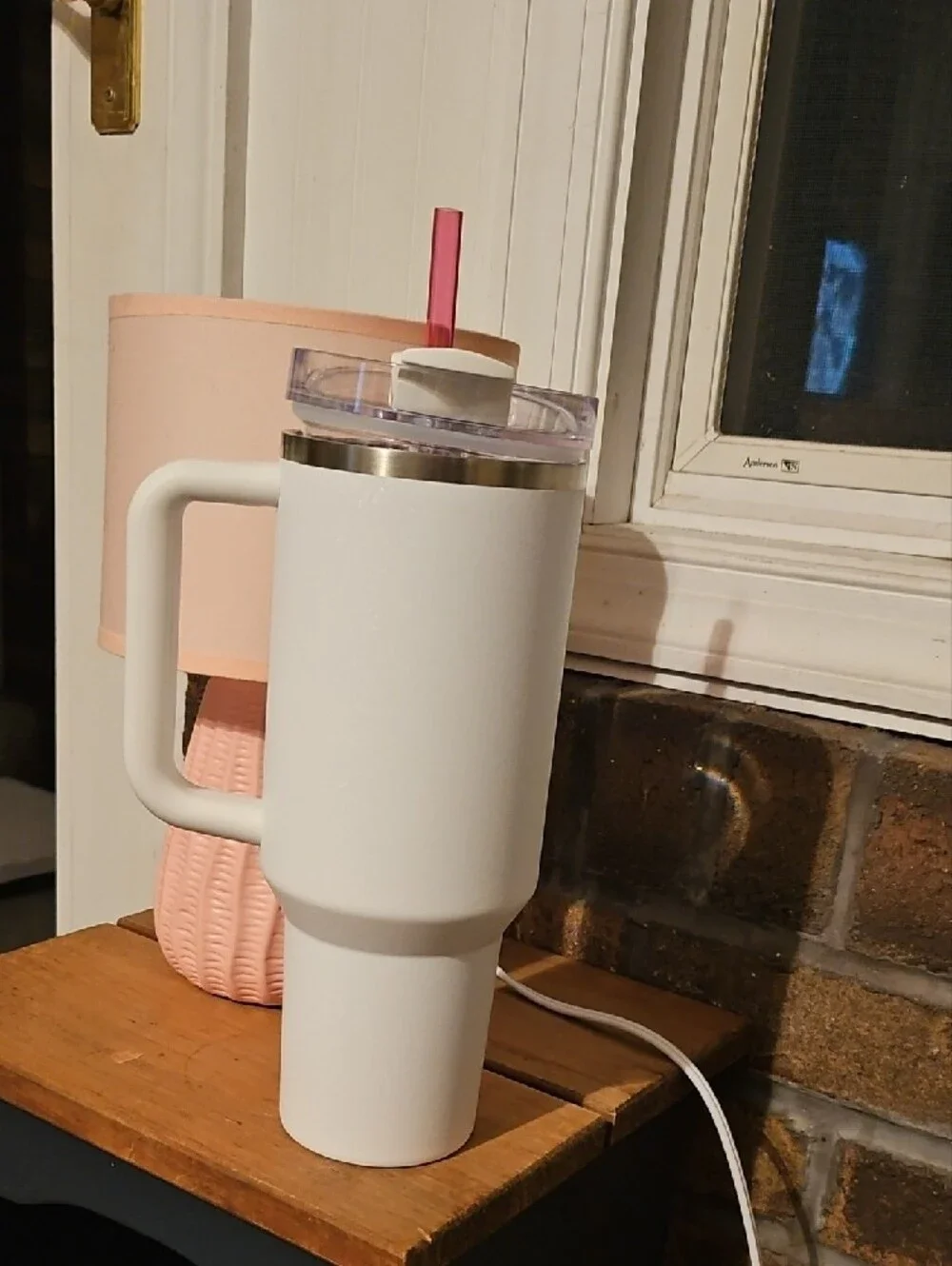 Stanley White 40 OZ Tumbler with Pink Logo and Straw - Picture 7 of 7